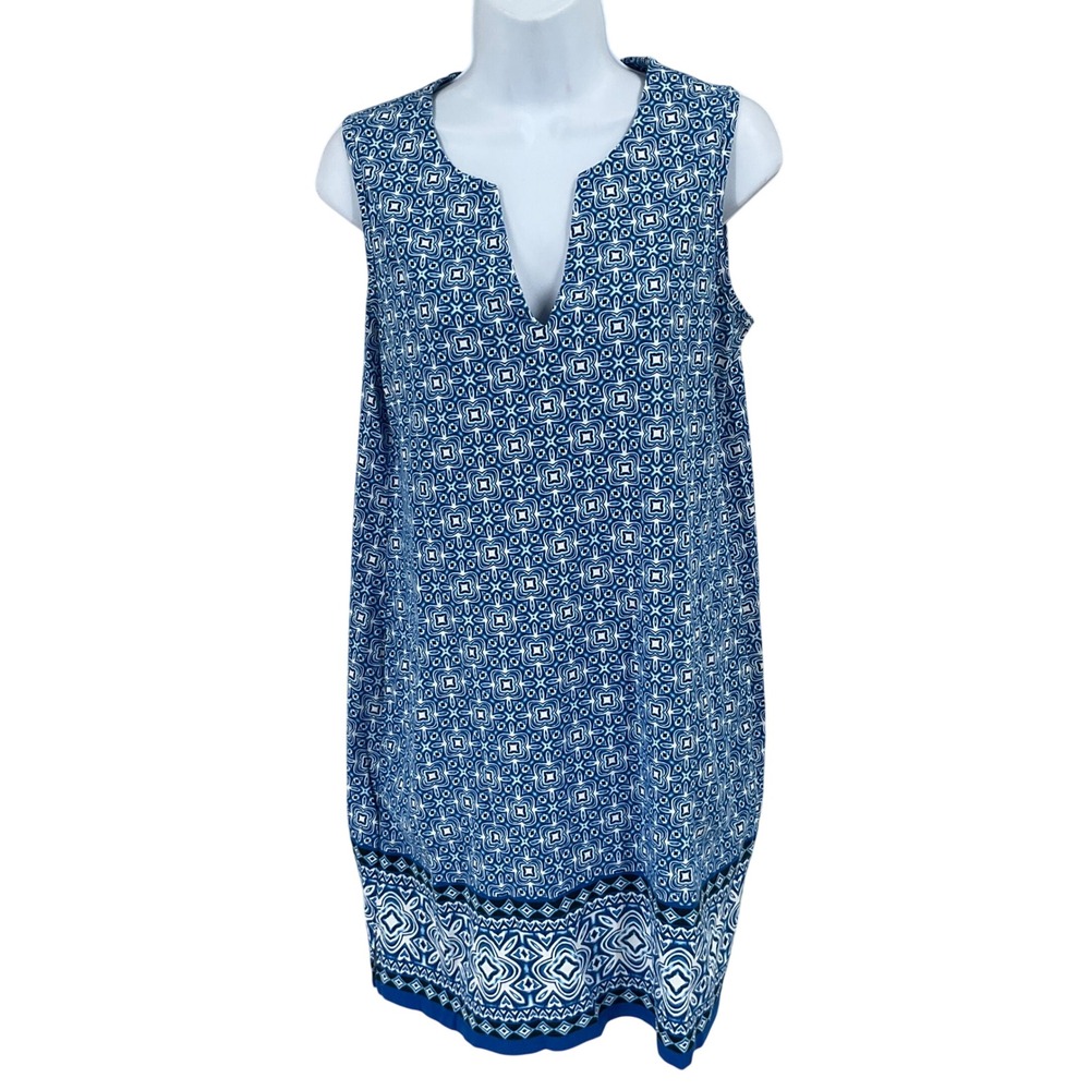 Lands End Shift Dress Womens M Blue White Geometric Boho Resort Nautical Coastal